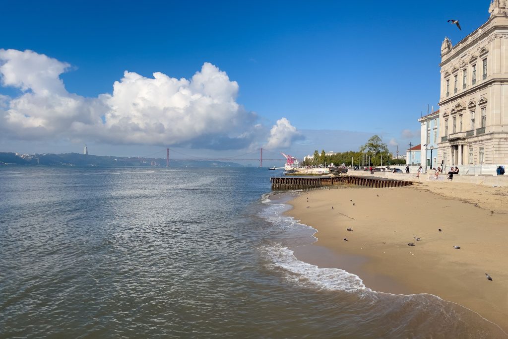 Ribeira das Naus Lisbon Tagus River waterfront beach Portugal