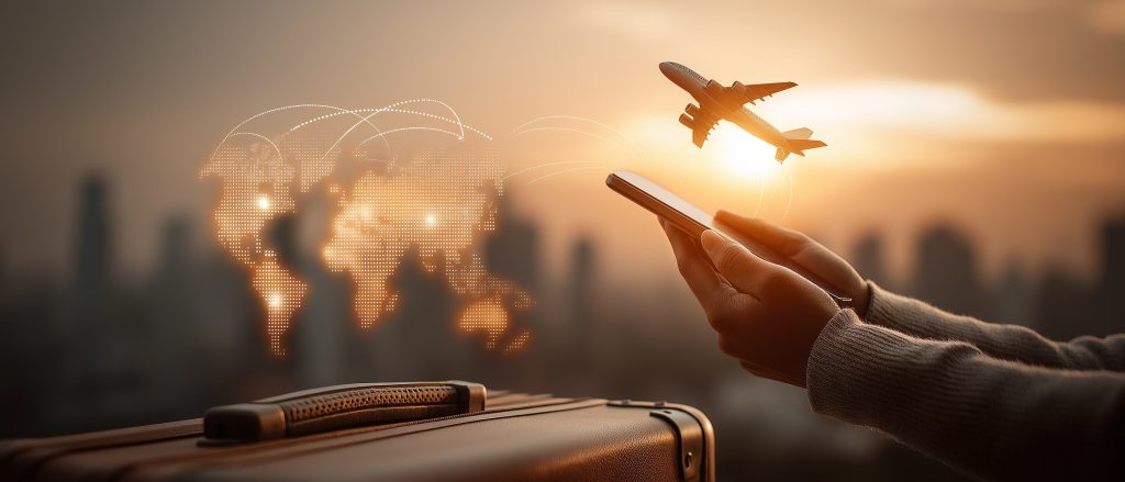 traveller planning a trip on a phone with airplane flying overhead at sunset