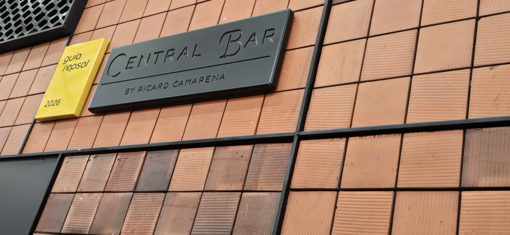 Sign for Central Bar by Ricard Camarena inside Mercado Central in Valencia, Spain