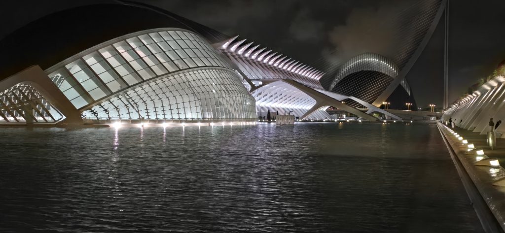 City of Arts and Sciences illuminated at night in Valencia, Spain