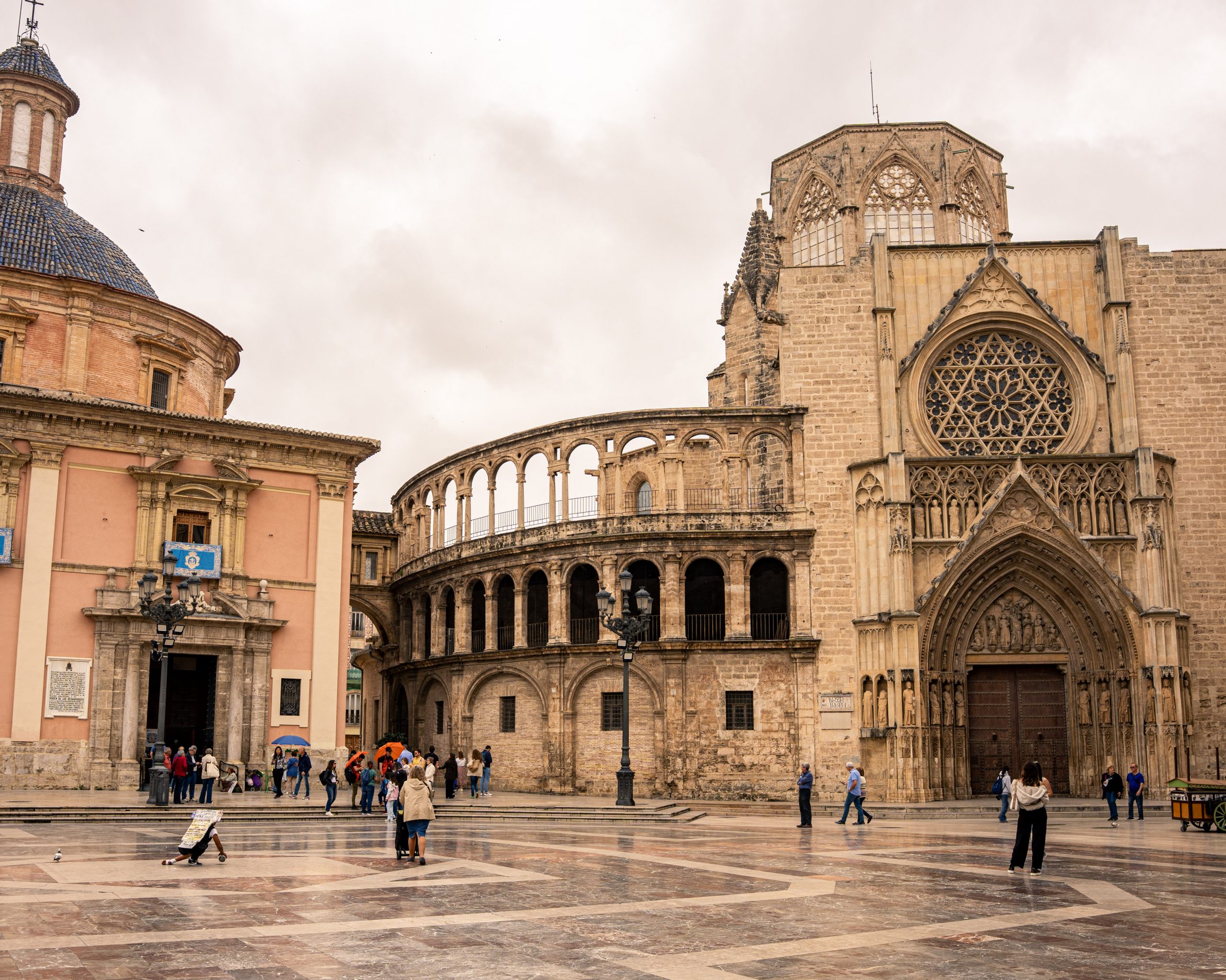 Valencia Cathedral and historic architecture in Valencia Old Town, Spain on a cloudy morning